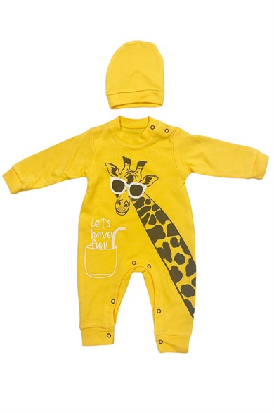 Bereli Kız & Erkek Bebek Sarı Çıtçıtlı Esnek Zürafa Desenli İkili Tulum