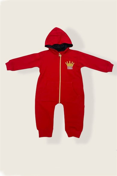 Erkek Bebek Kırmızı Kapüşonlu Kral Desenli Tulum