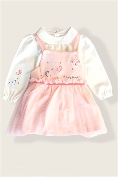 Kız Bebek Fırfırlı Pudra Kelebek Desenli Elbise